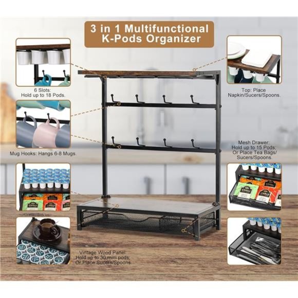 Coffee Pods Drawer with Mug Hooks, Kitchen Organizer - Picture 2 of 7